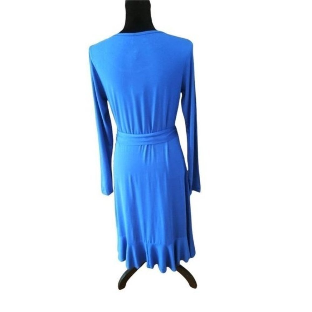 Women's Blue Long Sleeve Tie Waist Ruffle Hem Casual Midi Dress - Picture 5 of 15